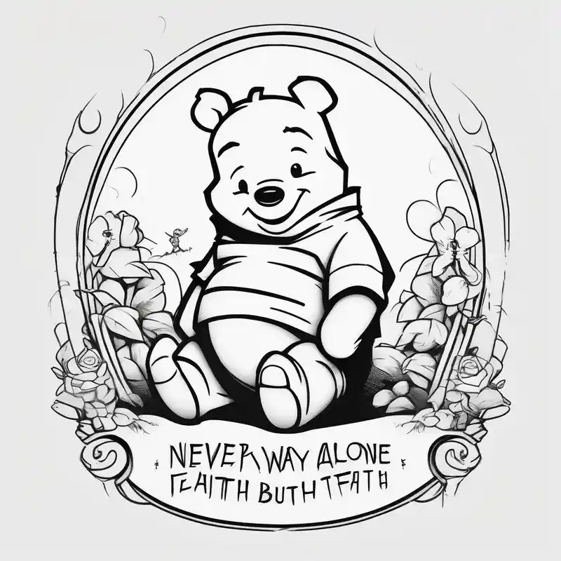 Winnie the Pooh with the words “ never alone always lonely, Always have faith but not in god”