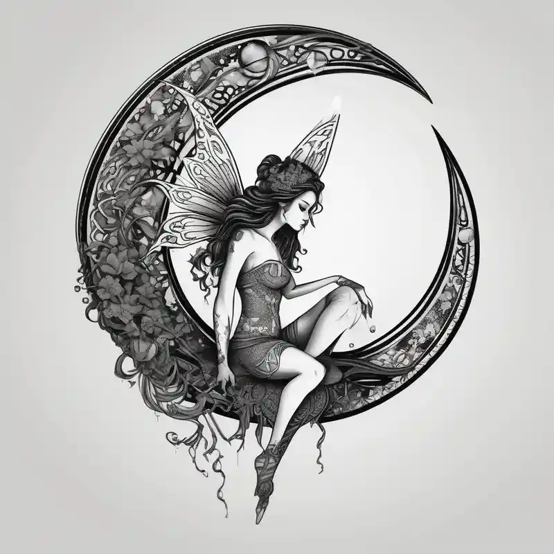 Solid black design. Fairy sitting on moon with dangles woman--designs