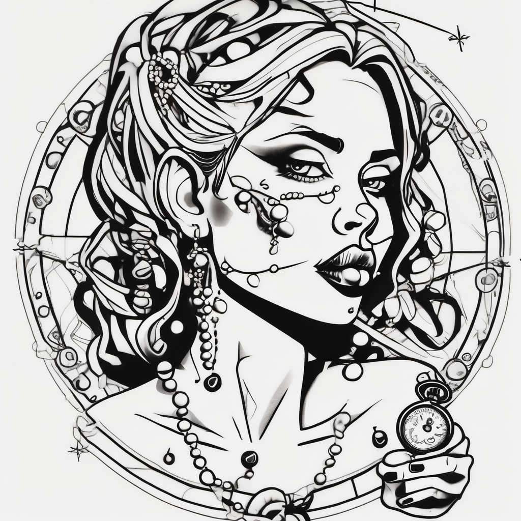 Profile of woman with messy face, hand on chin, pearls hanging from mouth , compass and gun near by woman--designs, design de tatouage Cartoon généré par IA