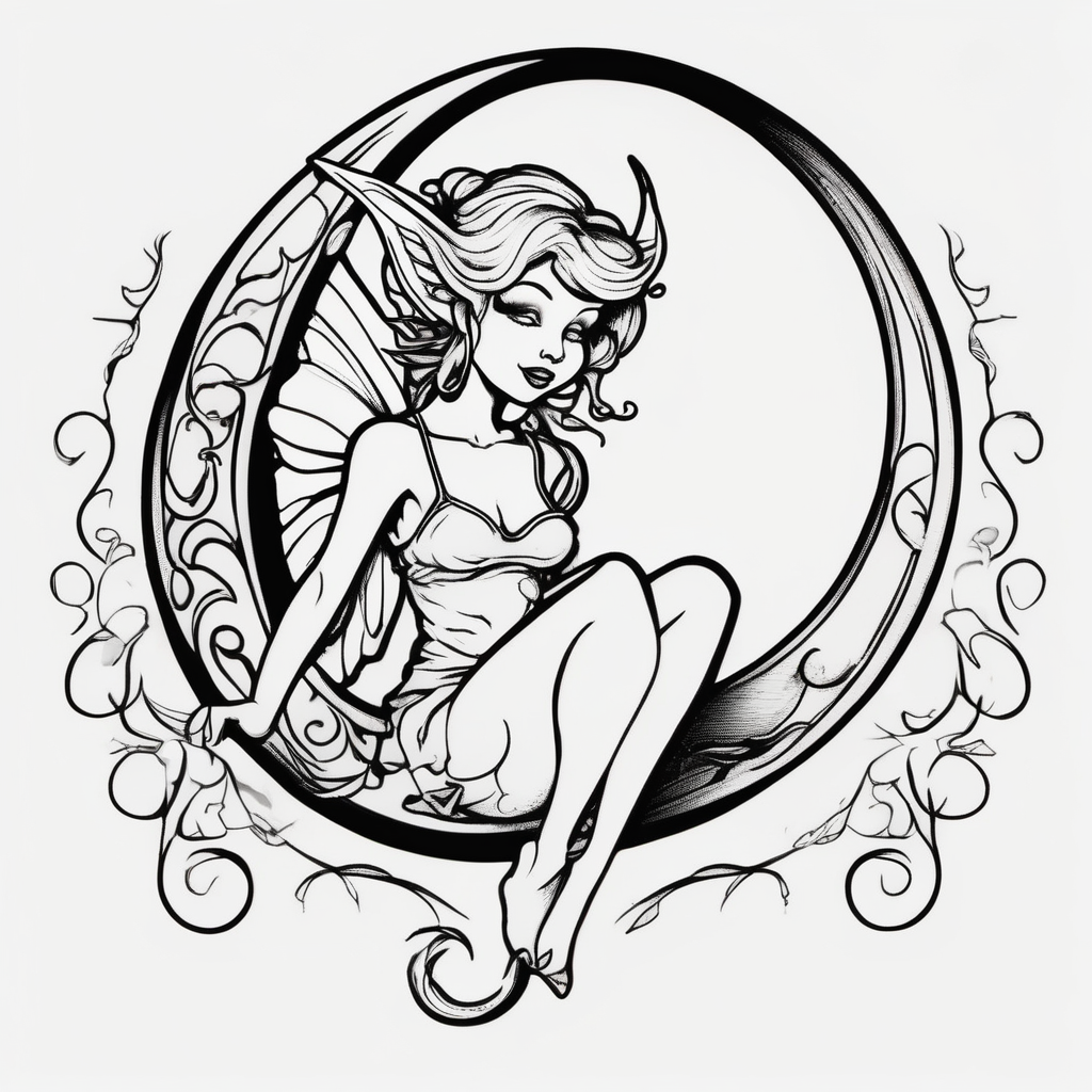 Solid black design. Fairy sitting on moon with dangles woman--designs(AIが生成したカートゥーンスタイルのタトゥーデザイン)