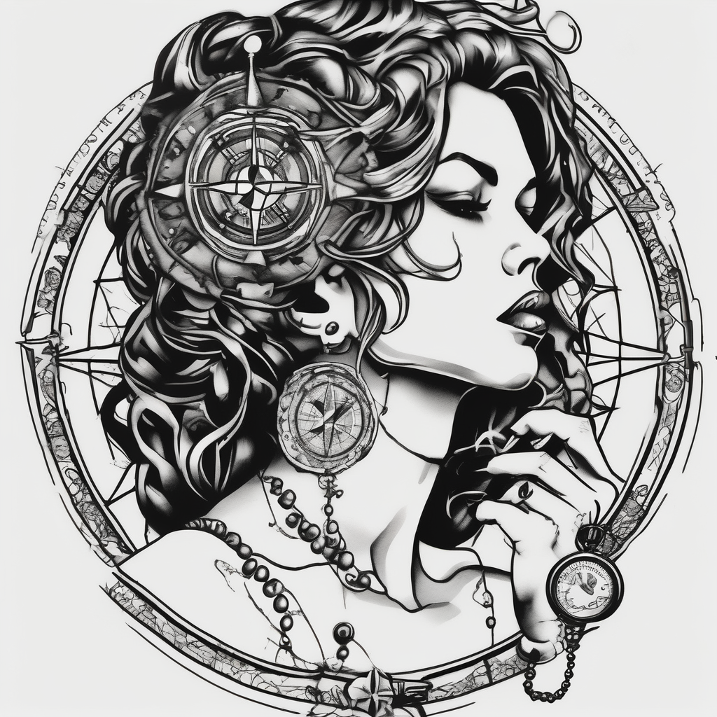 Profile of woman with messy hair , hand on chin, pearls hanging from mouth , lace, lipstick, compass and gun near by woman--designs, design de tatouage Old school généré par IA