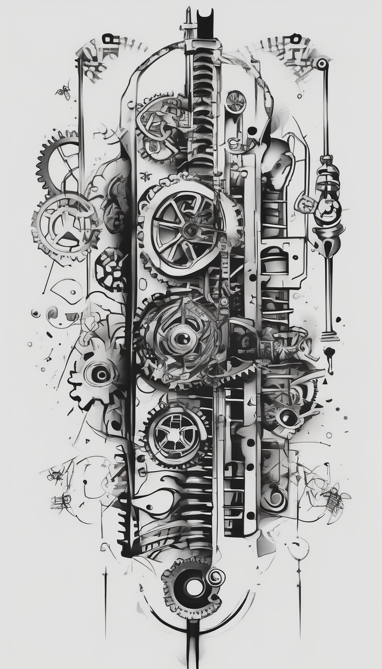 tattoo design for back spine with techno mechanical aspects representing life and eternity. sprockets gears screws levers hearts circles love universe spiral butterfly woman--designs, AI-generated Minimalist tattoo design