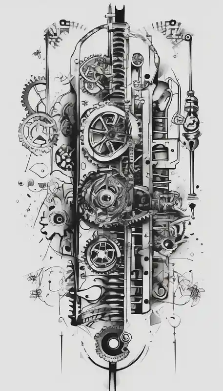 tattoo design for back spine with techno mechanical aspects representing life and eternity. sprockets gears screws levers