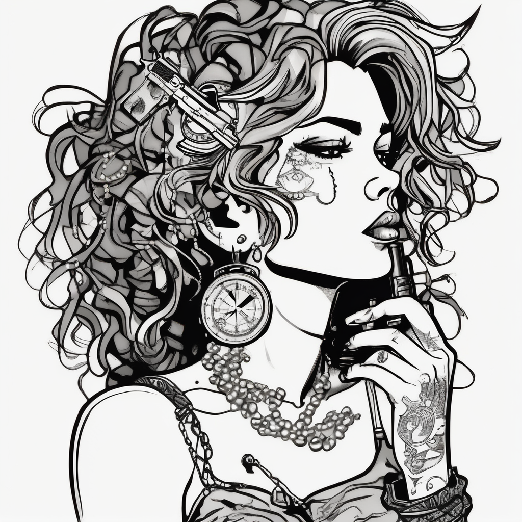 Profile of woman with messy hair , hand on chin, pearls hanging from mouth , lace, lipstick, compass and gun near by woman--designs, design de tatouage Cartoon généré par IA
