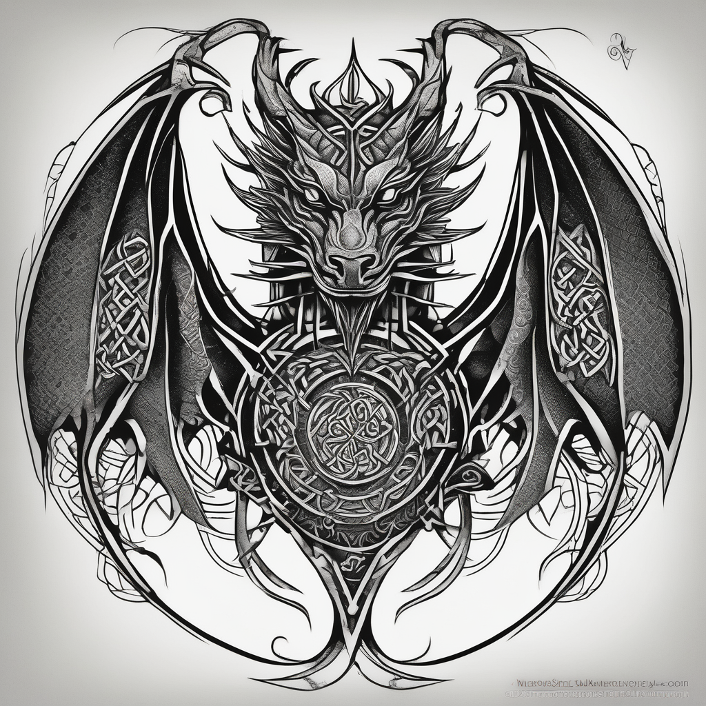 Celtic dragon tattoo with head on chest and tail that wraps over trapezius onto back, diseño de tatuaje Blackwork generado con IA