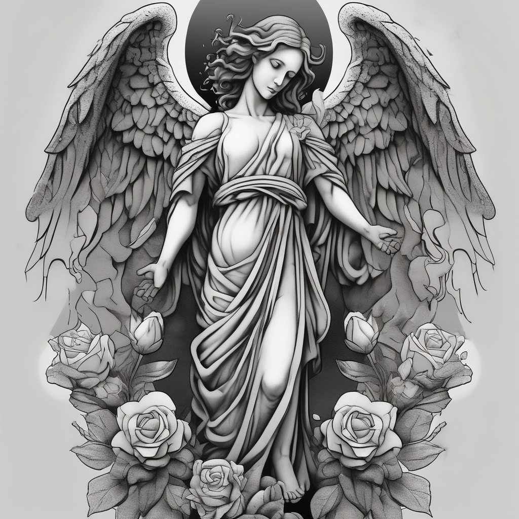 Simple Angel statue stood on a rock with daffodils and roses wrapped around its legs, design de tatouage Dotwork généré par IA