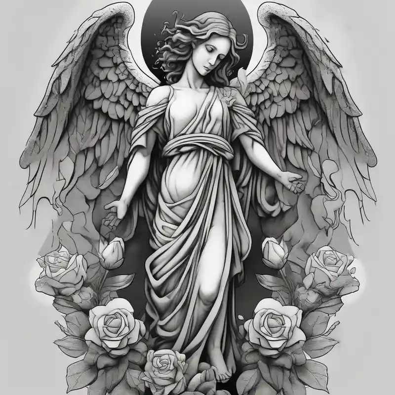 Simple Angel statue stood on a rock with daffodils and roses wrapped around its legs – Dotwork, Noir et blanc