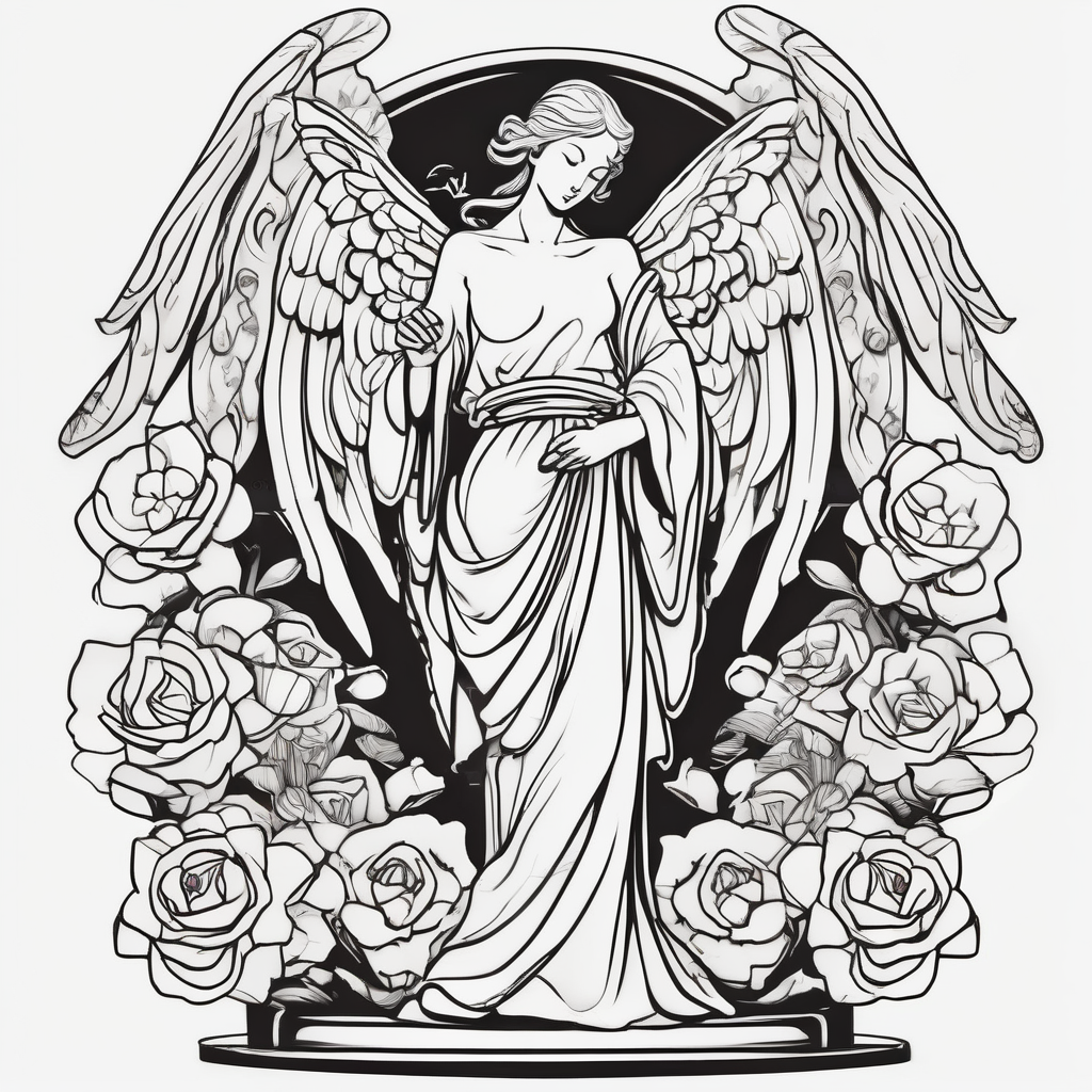 Simple Angel statue stood on a rock with daffodils and roses wrapped around its legs, design de tatouage Japonais généré par IA