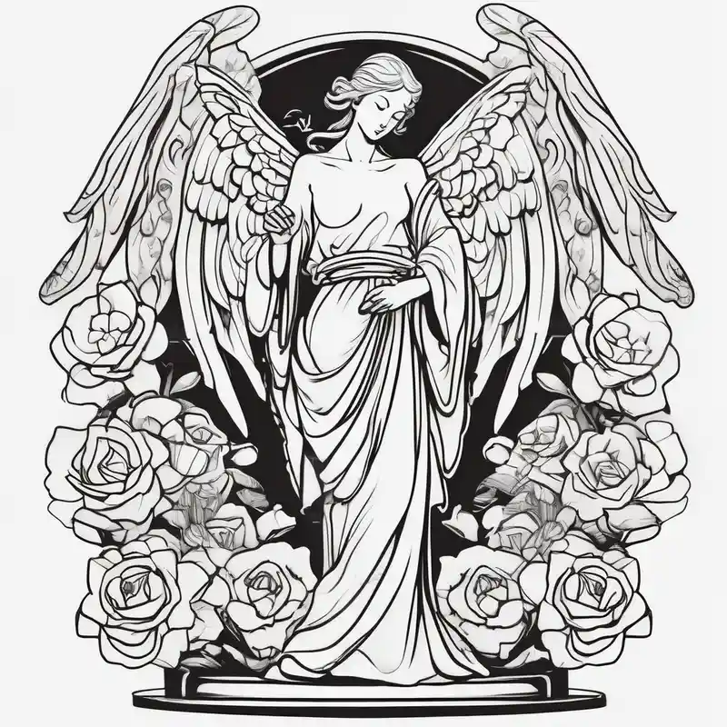 Simple Angel statue stood on a rock with daffodils and roses wrapped around its legs