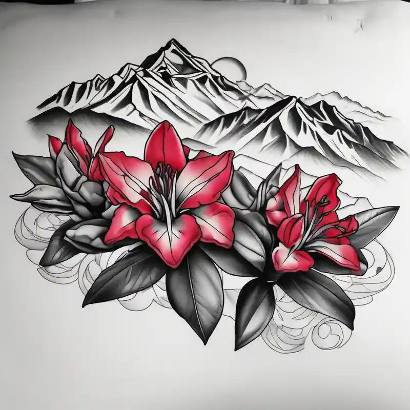 wrap around entire wrist red and black rhododendron trippy with Himalayas behind