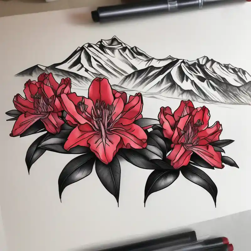 sketch style RIP Tattoo Ideas in 2025 about wrap around entire wrist red and black rhododendron trippy with Himalayas behind wrist-for-women and wrap around entire wrist red and black rhododendron trippy with Himalayas behind wrist-for-women
