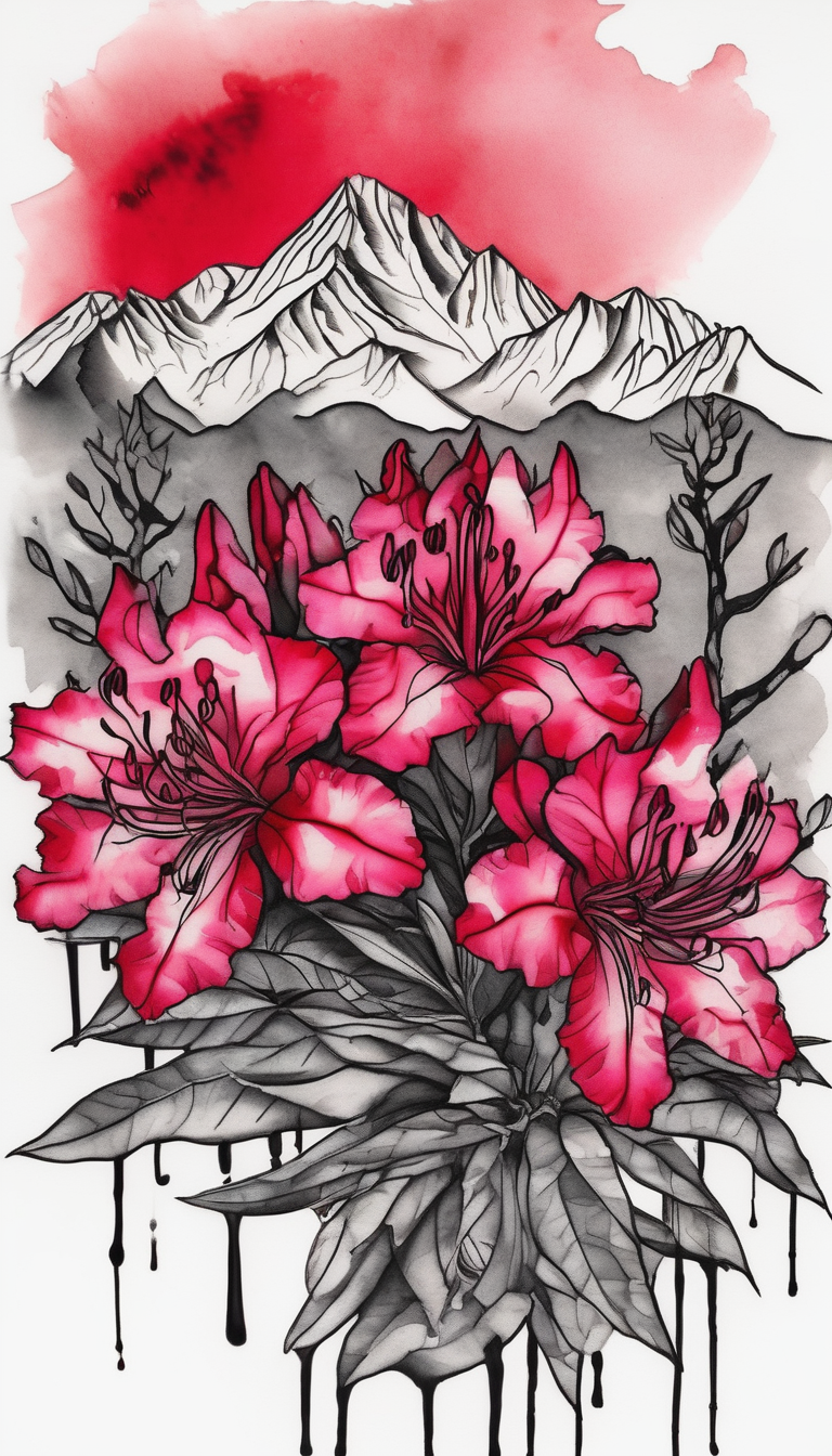 vertical wrist size red and black rhododendron trippy with Himalayas behind wrist-for-women, AI-generated Watercolor tattoo design