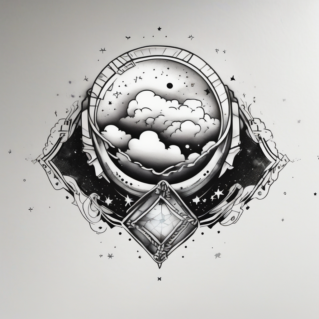 A wrist tattoo in a format of a cloud with the bracelet orientation and inside of this cloud I want galaxy stars and planets wrist-for-women, AI-generated Black and White tattoo design