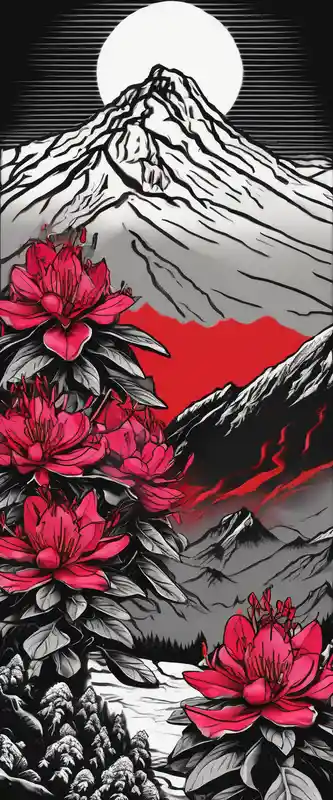 blackwork style RIP Tattoo Ideas in 2025 about vertical wrist size red and black rhododendron trippy with Himalayas behind wrist-for-women and vertical wrist size red and black rhododendron trippy with Himalayas behind wrist-for-women